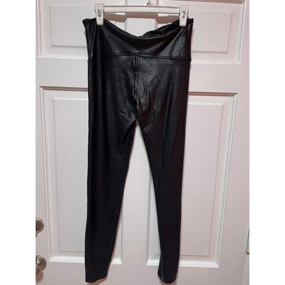 SPANX Faux Leather Leggings Tummy Control Side Stripe Black White size XL - Picture 9 of 9